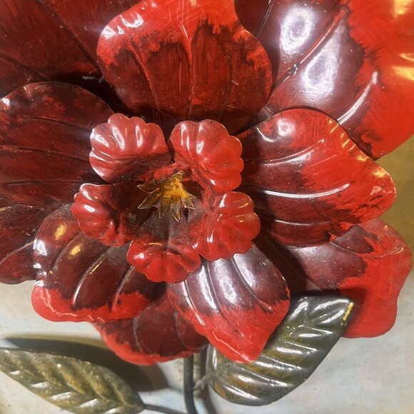Large Bronze Metal Red Floral Wall Art Enamel Modern Leaf Country Decor 20"x20" - Picture 7 of 7